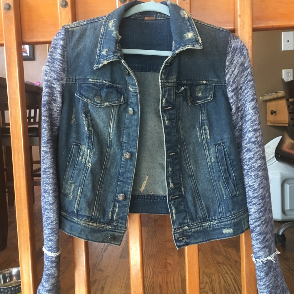 Free People Jean Jacket Distressed Blue Denim & Knit Jean Jacket w Hood Small